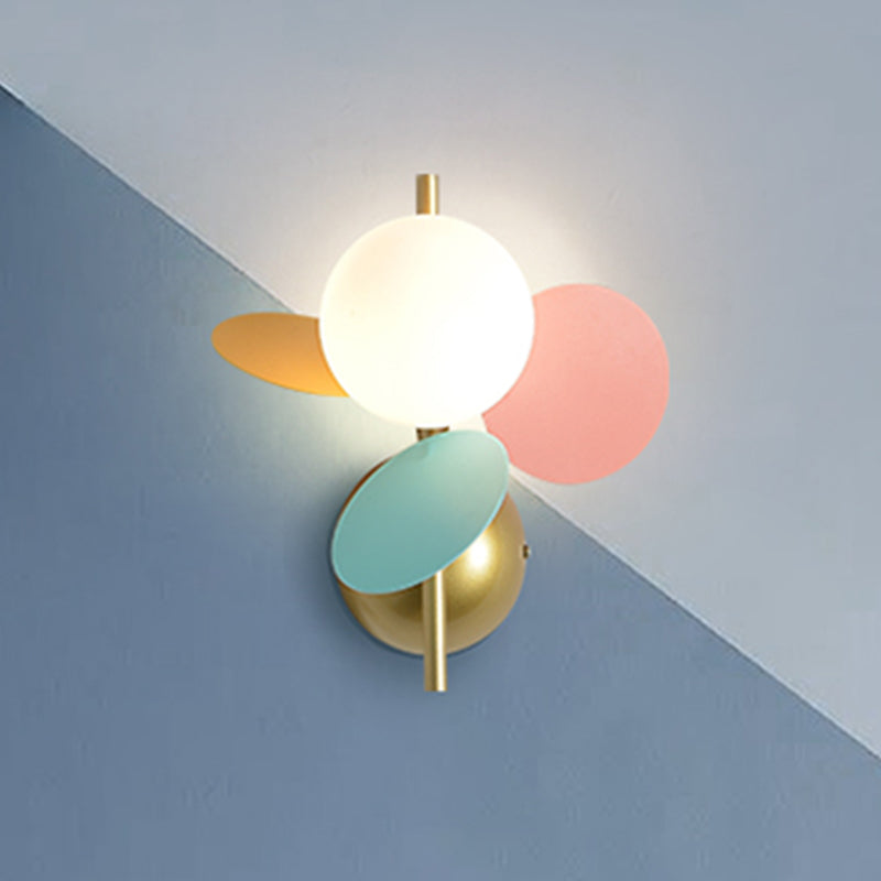 Leaf Bedside Wall Lighting Ideas Iron 1 Light Macaron Style Sconce in White/Red-Yellow-Blue with Ball Cream Glass Shade Clearhalo 'Wall Lamps & Sconces' 'Wall Lights' Lighting' 1473345