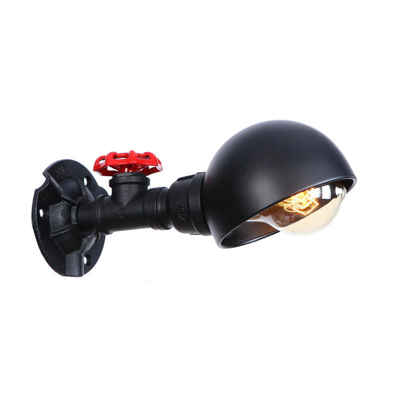 Industrial Style Half Global Wall Lamp 1 Light Metal Wall Sconce with Red Valve Decoration in Black Clearhalo 'Art deco wall lights' 'Cast Iron' 'Glass' 'Industrial wall lights' 'Industrial' 'Middle century wall lights' 'Modern' 'Rustic wall lights' 'Tiffany' 'Traditional wall lights' 'Wall Lamps & Sconces' 'Wall Lights' Lighting' 147335