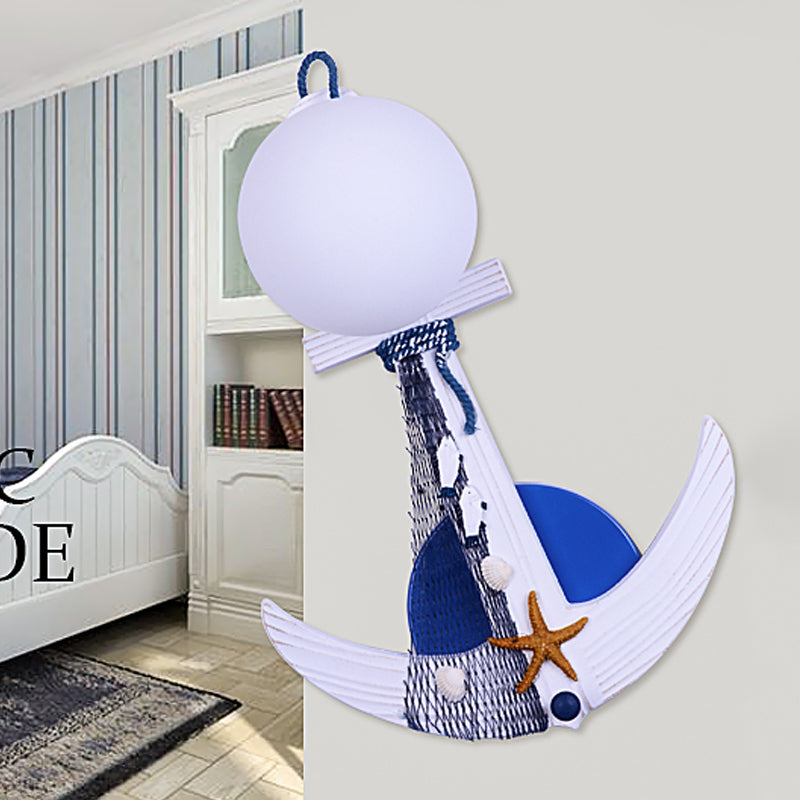 Anchor Sconce Light Fixture Kids Wood Single White-Blue Wall Lighting with Globule Glass Shade and Beach Detail White-Blue Clearhalo 'Wall Lamps & Sconces' 'Wall Lights' Lighting' 1473357