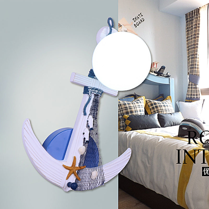 Anchor Sconce Light Fixture Kids Wood Single White-Blue Wall Lighting with Globule Glass Shade and Beach Detail Clearhalo 'Wall Lamps & Sconces' 'Wall Lights' Lighting' 1473358