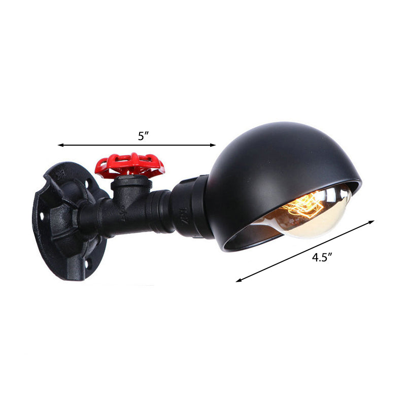Industrial Style Half Global Wall Lamp 1 Light Metal Wall Sconce with Red Valve Decoration in Black Clearhalo 'Art deco wall lights' 'Cast Iron' 'Glass' 'Industrial wall lights' 'Industrial' 'Middle century wall lights' 'Modern' 'Rustic wall lights' 'Tiffany' 'Traditional wall lights' 'Wall Lamps & Sconces' 'Wall Lights' Lighting' 147336