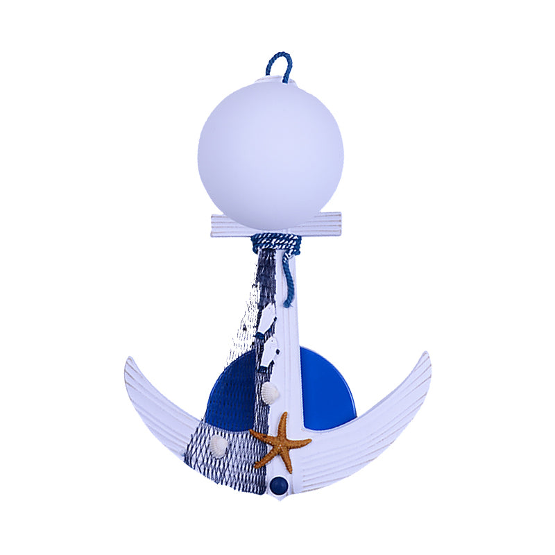 Anchor Sconce Light Fixture Kids Wood Single White-Blue Wall Lighting with Globule Glass Shade and Beach Detail Clearhalo 'Wall Lamps & Sconces' 'Wall Lights' Lighting' 1473360