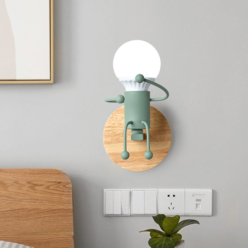 Naked Bulb Small Wall Lighting Creative Iron Single Kids Bedside Sconce Light with Robot Design Lamp Socket in Grey/Green/White Green Clearhalo 'Wall Lamps & Sconces' 'Wall Lights' Lighting' 1473372