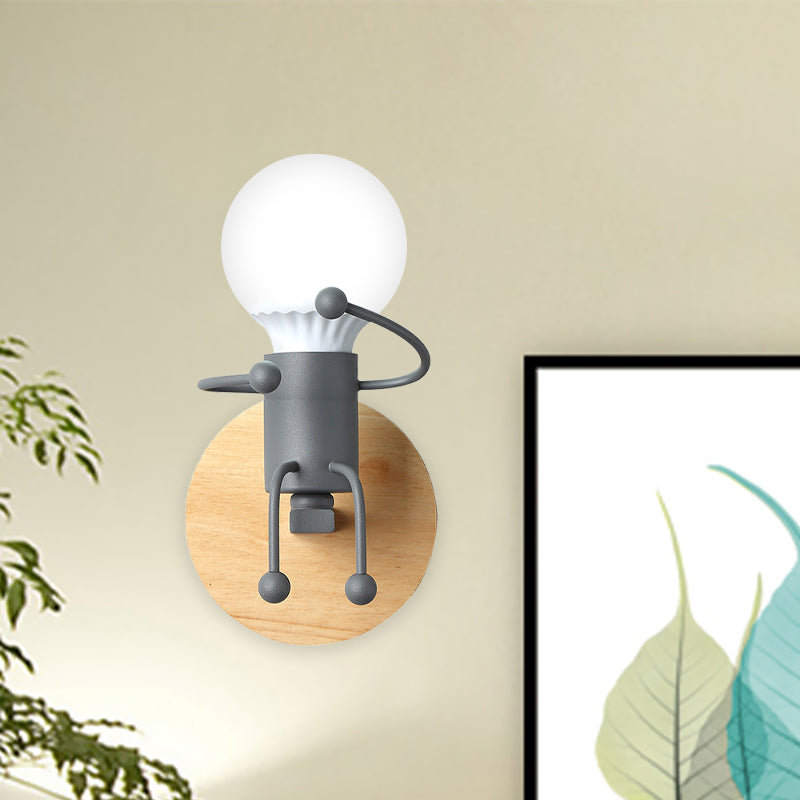 Naked Bulb Small Wall Lighting Creative Iron Single Kids Bedside Sconce Light with Robot Design Lamp Socket in Grey/Green/White Grey Clearhalo 'Wall Lamps & Sconces' 'Wall Lights' Lighting' 1473377