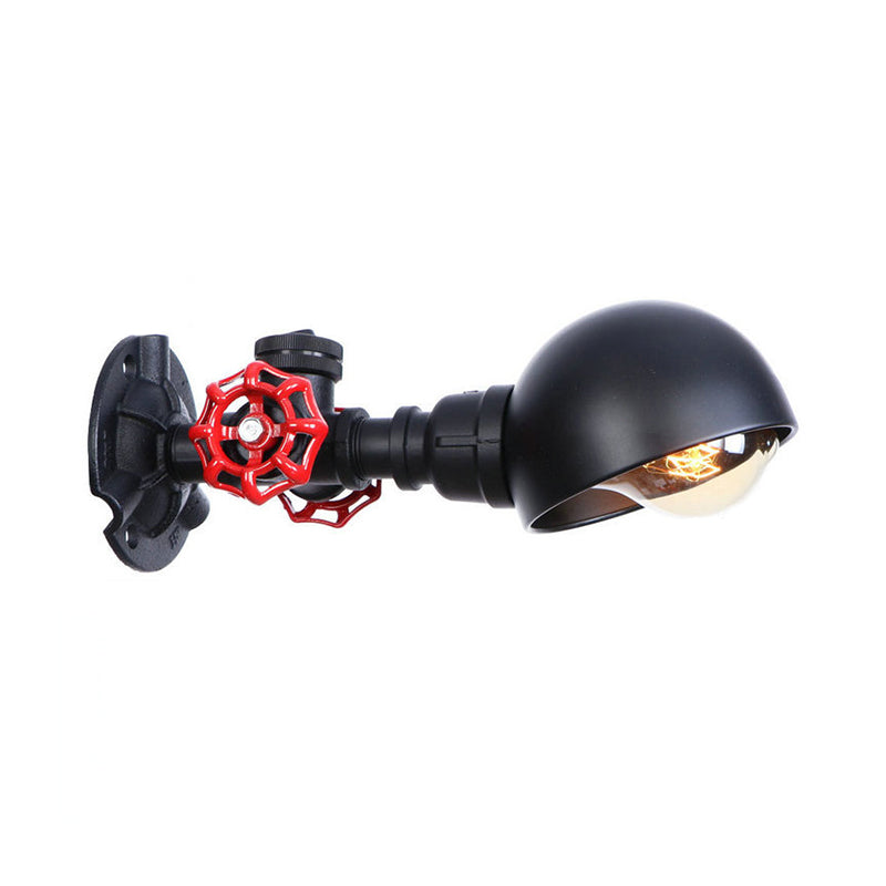 Industrial Style Half Global Wall Lamp 1 Light Metal Wall Sconce with Red Valve Decoration in Black Clearhalo 'Art deco wall lights' 'Cast Iron' 'Glass' 'Industrial wall lights' 'Industrial' 'Middle century wall lights' 'Modern' 'Rustic wall lights' 'Tiffany' 'Traditional wall lights' 'Wall Lamps & Sconces' 'Wall Lights' Lighting' 147338