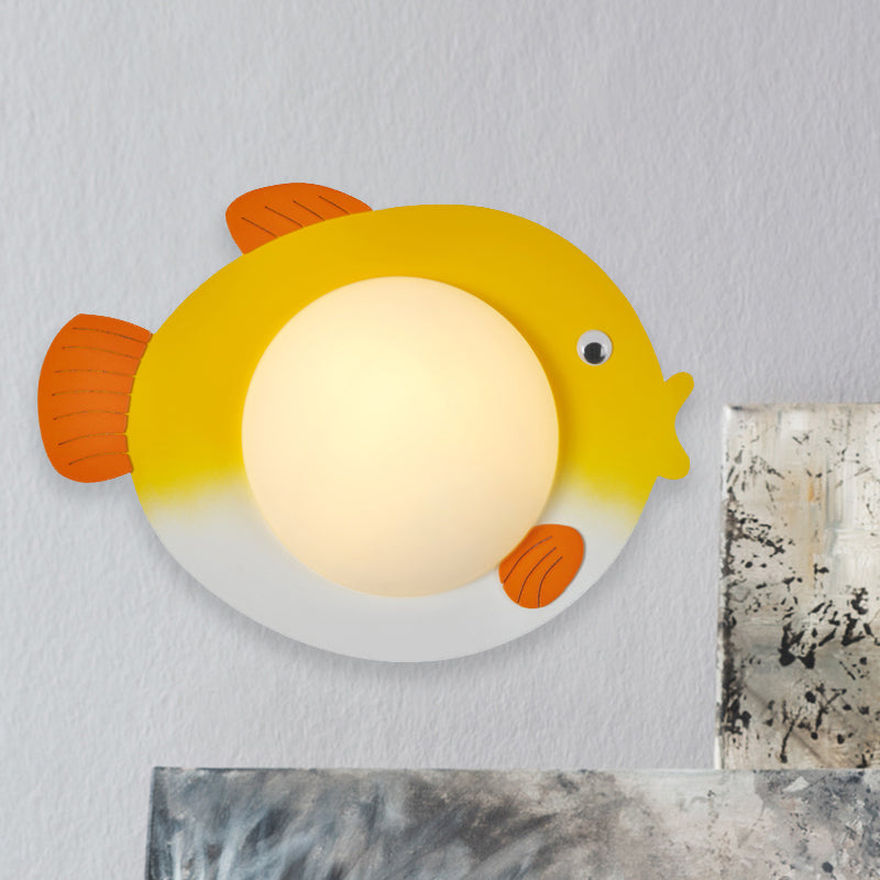 Frosted White Glass Mini Sphere Sconce Kids Blue/Yellow LED Wall Light Fixture with Fish Backplate, Warm/White Light Clearhalo 'Wall Lamps & Sconces' 'Wall Lights' Lighting' 1473384