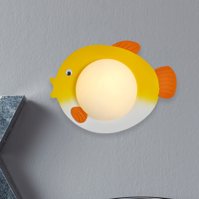 Frosted White Glass Mini Sphere Sconce Kids Blue/Yellow LED Wall Light Fixture with Fish Backplate, Warm/White Light Yellow Clearhalo 'Wall Lamps & Sconces' 'Wall Lights' Lighting' 1473385