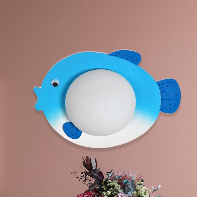 Frosted White Glass Mini Sphere Sconce Kids Blue/Yellow LED Wall Light Fixture with Fish Backplate, Warm/White Light Clearhalo 'Wall Lamps & Sconces' 'Wall Lights' Lighting' 1473389