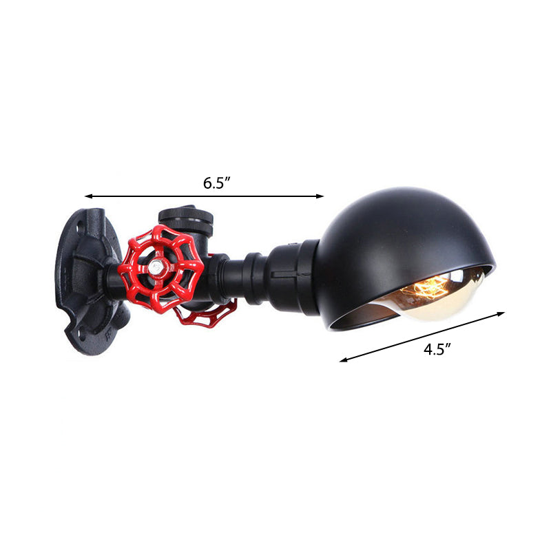 Industrial Style Half Global Wall Lamp 1 Light Metal Wall Sconce with Red Valve Decoration in Black Clearhalo 'Art deco wall lights' 'Cast Iron' 'Glass' 'Industrial wall lights' 'Industrial' 'Middle century wall lights' 'Modern' 'Rustic wall lights' 'Tiffany' 'Traditional wall lights' 'Wall Lamps & Sconces' 'Wall Lights' Lighting' 147339