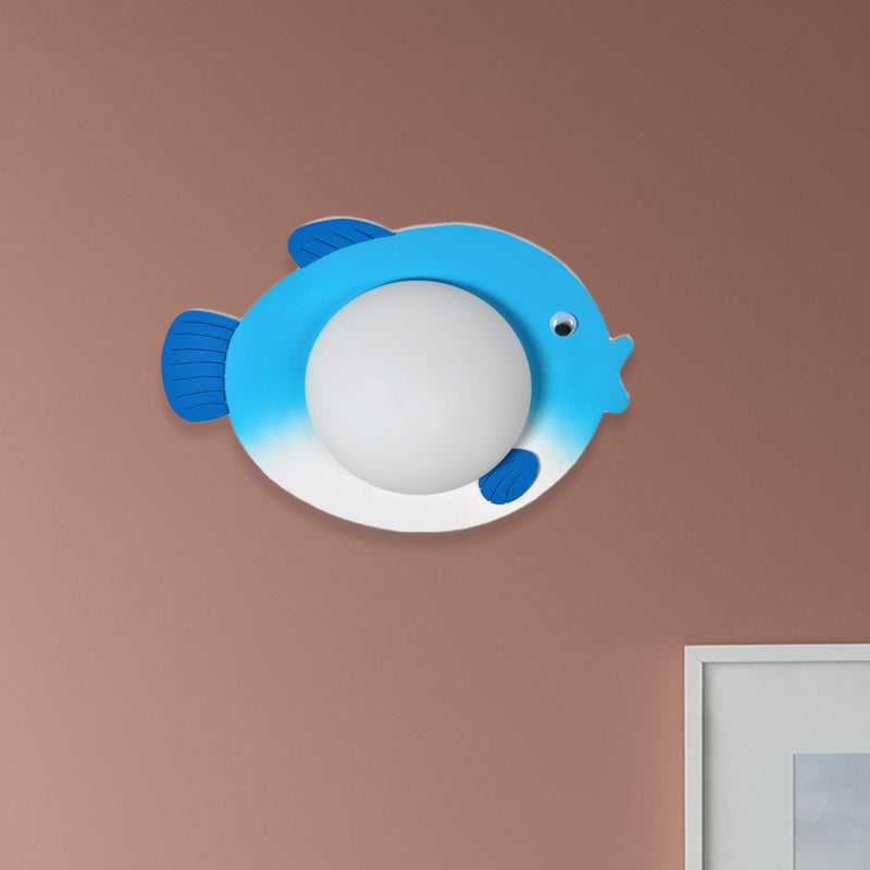 Frosted White Glass Mini Sphere Sconce Kids Blue/Yellow LED Wall Light Fixture with Fish Backplate, Warm/White Light Blue Clearhalo 'Wall Lamps & Sconces' 'Wall Lights' Lighting' 1473390