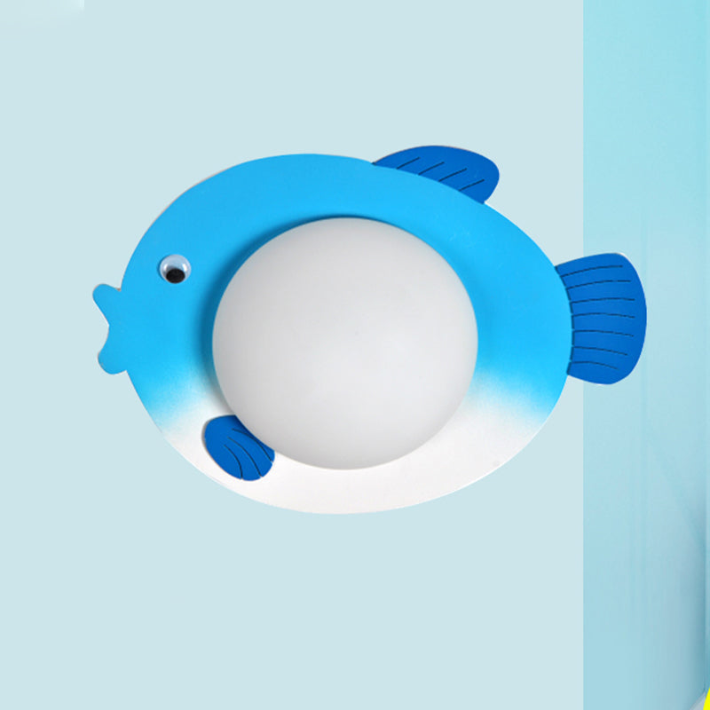 Frosted White Glass Mini Sphere Sconce Kids Blue/Yellow LED Wall Light Fixture with Fish Backplate, Warm/White Light Clearhalo 'Wall Lamps & Sconces' 'Wall Lights' Lighting' 1473391