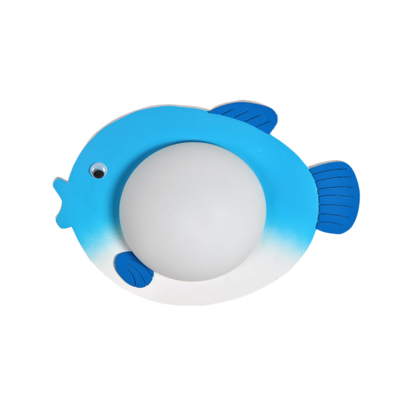 Frosted White Glass Mini Sphere Sconce Kids Blue/Yellow LED Wall Light Fixture with Fish Backplate, Warm/White Light Clearhalo 'Wall Lamps & Sconces' 'Wall Lights' Lighting' 1473392