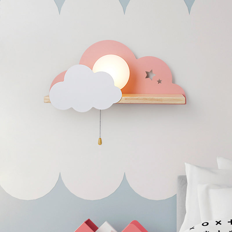 Globule Pull-Chain Wall Light Macaron Opal Frosted Glass Single Pink/Grey/White Sconce Ideas with Cloud Design and Wood Shelf Pink Clearhalo 'Wall Lamps & Sconces' 'Wall Lights' Lighting' 1473394