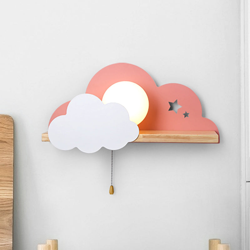 Globule Pull-Chain Wall Light Macaron Opal Frosted Glass Single Pink/Grey/White Sconce Ideas with Cloud Design and Wood Shelf Clearhalo 'Wall Lamps & Sconces' 'Wall Lights' Lighting' 1473395