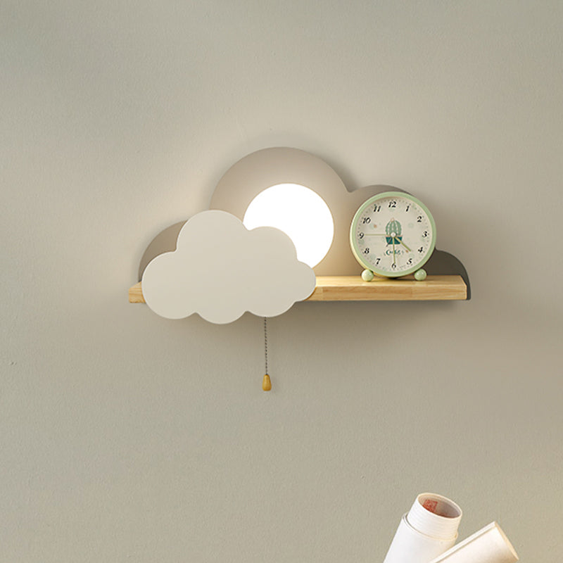 Globule Pull-Chain Wall Light Macaron Opal Frosted Glass Single Pink/Grey/White Sconce Ideas with Cloud Design and Wood Shelf Grey Clearhalo 'Wall Lamps & Sconces' 'Wall Lights' Lighting' 1473399