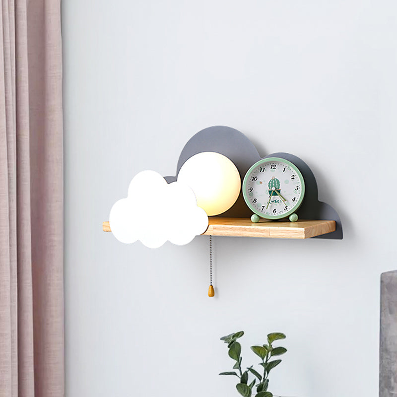 Globule Pull-Chain Wall Light Macaron Opal Frosted Glass Single Pink/Grey/White Sconce Ideas with Cloud Design and Wood Shelf Clearhalo 'Wall Lamps & Sconces' 'Wall Lights' Lighting' 1473400