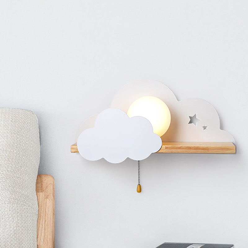 Globule Pull-Chain Wall Light Macaron Opal Frosted Glass Single Pink/Grey/White Sconce Ideas with Cloud Design and Wood Shelf White Clearhalo 'Wall Lamps & Sconces' 'Wall Lights' Lighting' 1473403