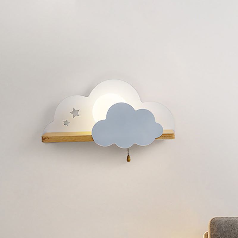 Globule Pull-Chain Wall Light Macaron Opal Frosted Glass Single Pink/Grey/White Sconce Ideas with Cloud Design and Wood Shelf Clearhalo 'Wall Lamps & Sconces' 'Wall Lights' Lighting' 1473404