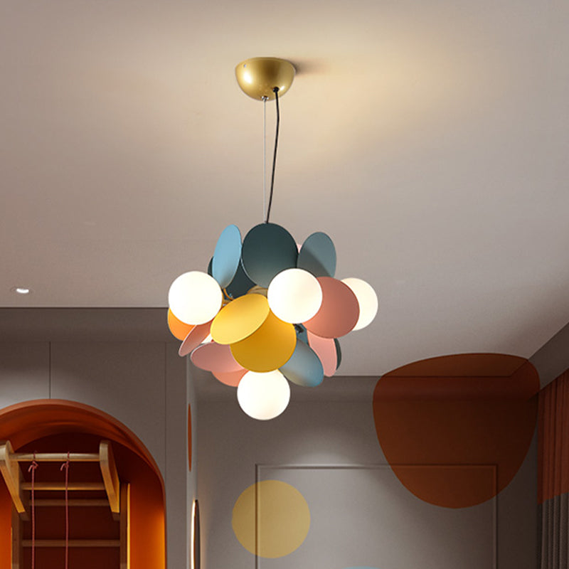 Modern Orb Ceiling Chandelier Cream Glass 6 Heads Bedroom Hanging Light Fixture in Green-Yellow-Pink Clearhalo 'Ceiling Lights' 'Chandeliers' 'Close To Ceiling Lights' 'Glass shade' 'Glass' Lighting' 1473418