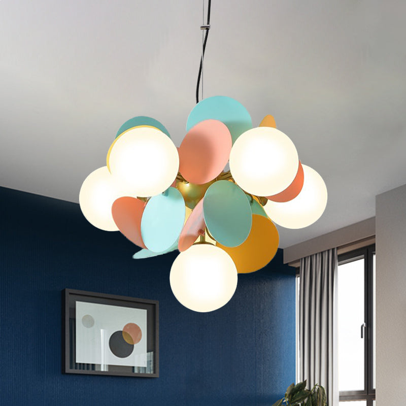 Modern Orb Ceiling Chandelier Cream Glass 6 Heads Bedroom Hanging Light Fixture in Green-Yellow-Pink Clearhalo 'Ceiling Lights' 'Chandeliers' 'Close To Ceiling Lights' 'Glass shade' 'Glass' Lighting' 1473419