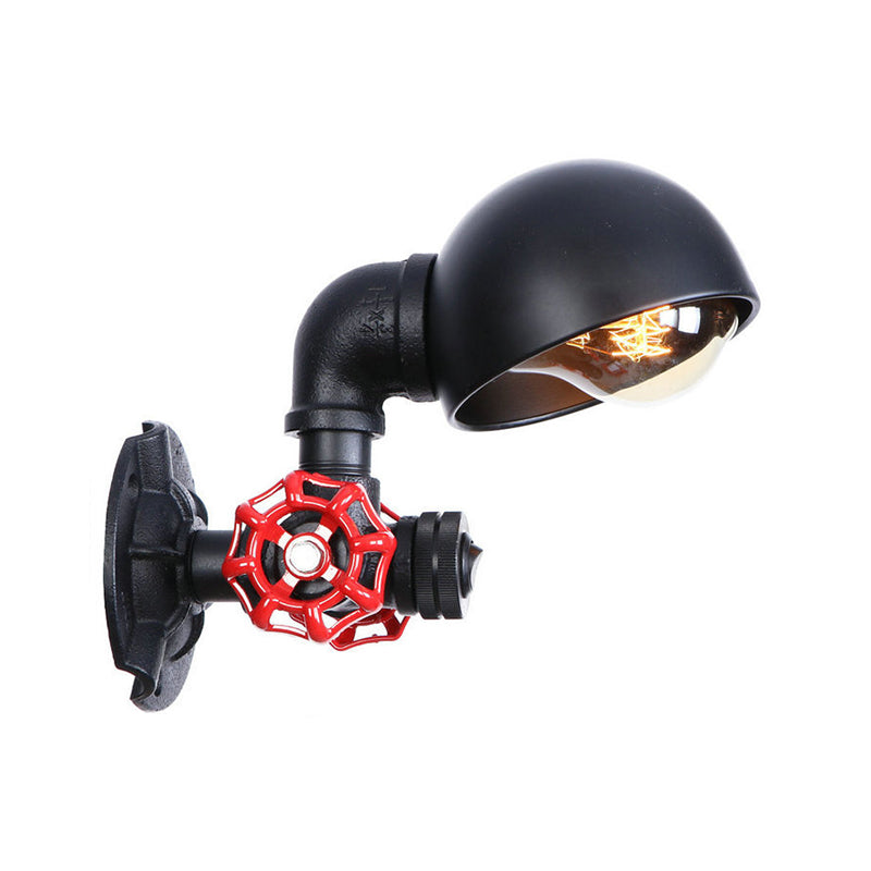Vintage Style Pipe Wall Light Sconce with Dome Shade and Valve Wheel 1 Light Metallic Wall Fixture Light in Black Clearhalo 'Art deco wall lights' 'Cast Iron' 'Glass' 'Industrial wall lights' 'Industrial' 'Middle century wall lights' 'Modern' 'Rustic wall lights' 'Tiffany' 'Traditional wall lights' 'Wall Lamps & Sconces' 'Wall Lights' Lighting' 147342