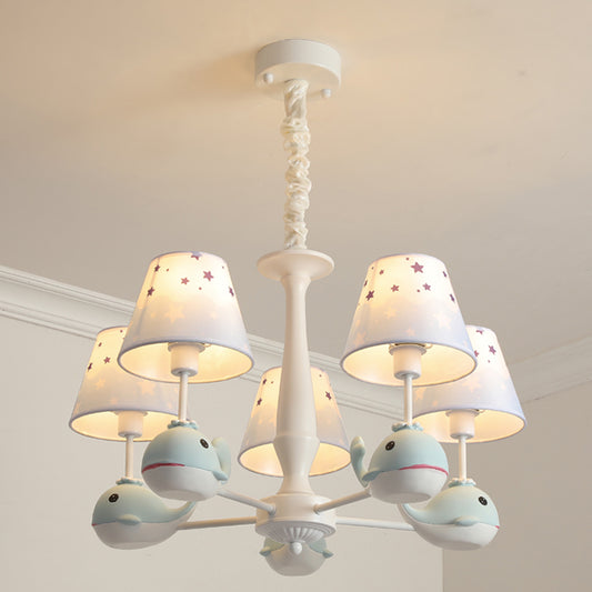 Kids Whale Resin Chandelier Lighting 5 Bulbs Pendant Ceiling Light in Blue with Conical Fabric Shade Clearhalo 'Ceiling Lights' 'Chandeliers' Lighting' options 1473452