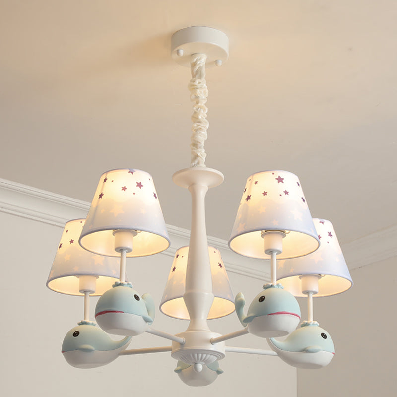 Kids Whale Resin Chandelier Lighting 5 Bulbs Pendant Ceiling Light in Blue with Conical Fabric Shade Blue Clearhalo 'Ceiling Lights' 'Chandeliers' Lighting' options 1473452_618998d7-f71d-4a99-9ebb-6f4f9c874e8b