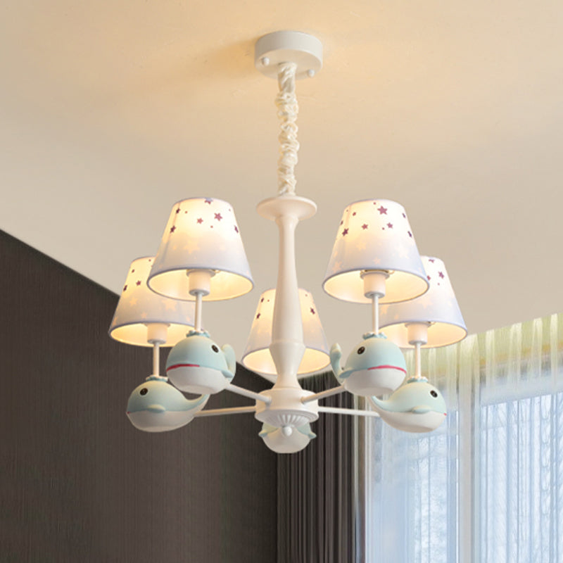 Kids Whale Resin Chandelier Lighting 5 Bulbs Pendant Ceiling Light in Blue with Conical Fabric Shade Clearhalo 'Ceiling Lights' 'Chandeliers' Lighting' options 1473453