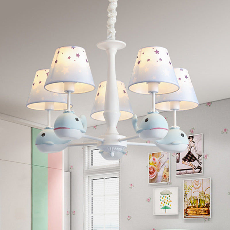 Kids Whale Resin Chandelier Lighting 5 Bulbs Pendant Ceiling Light in Blue with Conical Fabric Shade Clearhalo 'Ceiling Lights' 'Chandeliers' Lighting' options 1473454