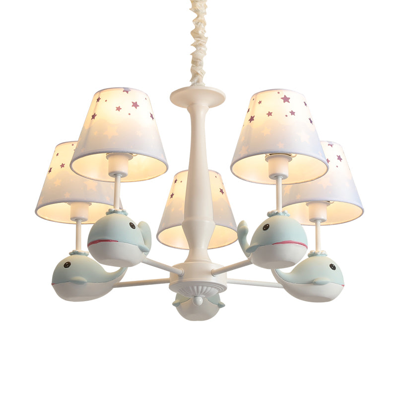 Kids Whale Resin Chandelier Lighting 5 Bulbs Pendant Ceiling Light in Blue with Conical Fabric Shade Clearhalo 'Ceiling Lights' 'Chandeliers' Lighting' options 1473455