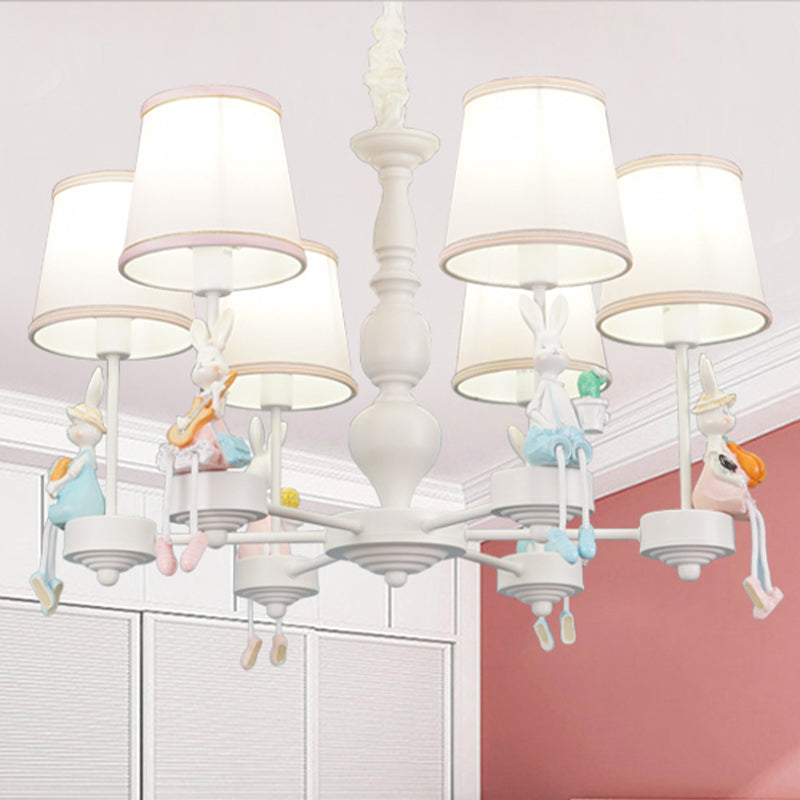 Cartoon Rabbit Resin Pendant Chandelier Kids 5-Head White Hanging Lamp with Tapered Fabric Shade Clearhalo 'Ceiling Lights' 'Chandeliers' Lighting' options 1473457