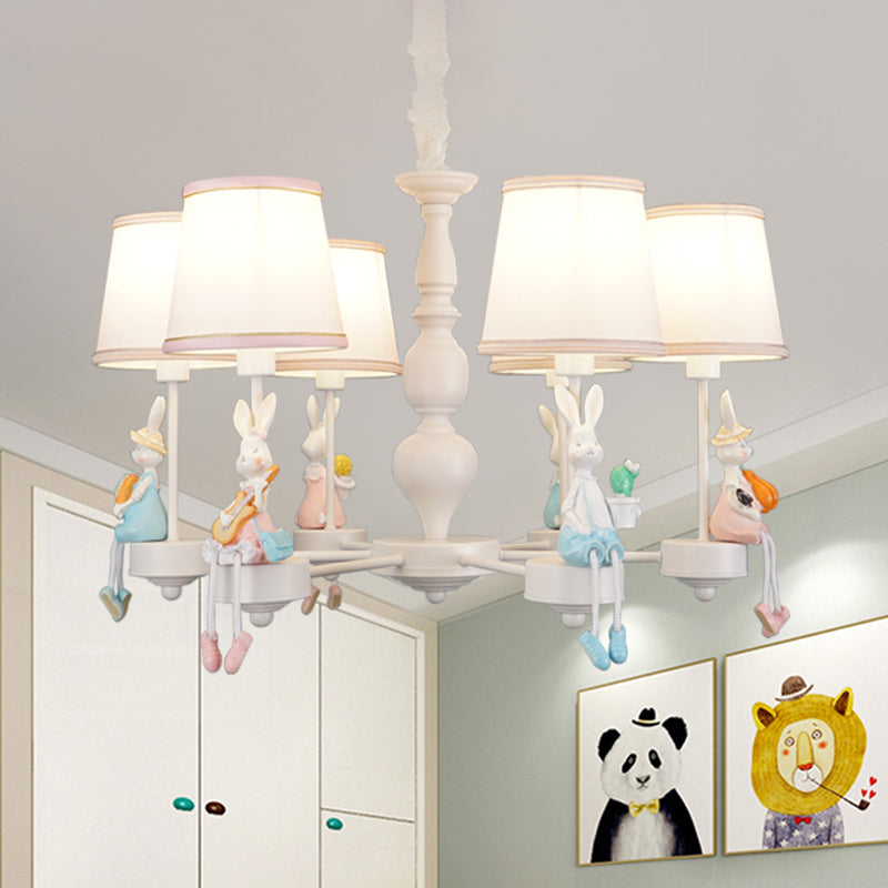 Cartoon Rabbit Resin Pendant Chandelier Kids 5-Head White Hanging Lamp with Tapered Fabric Shade Clearhalo 'Ceiling Lights' 'Chandeliers' Lighting' options 1473459