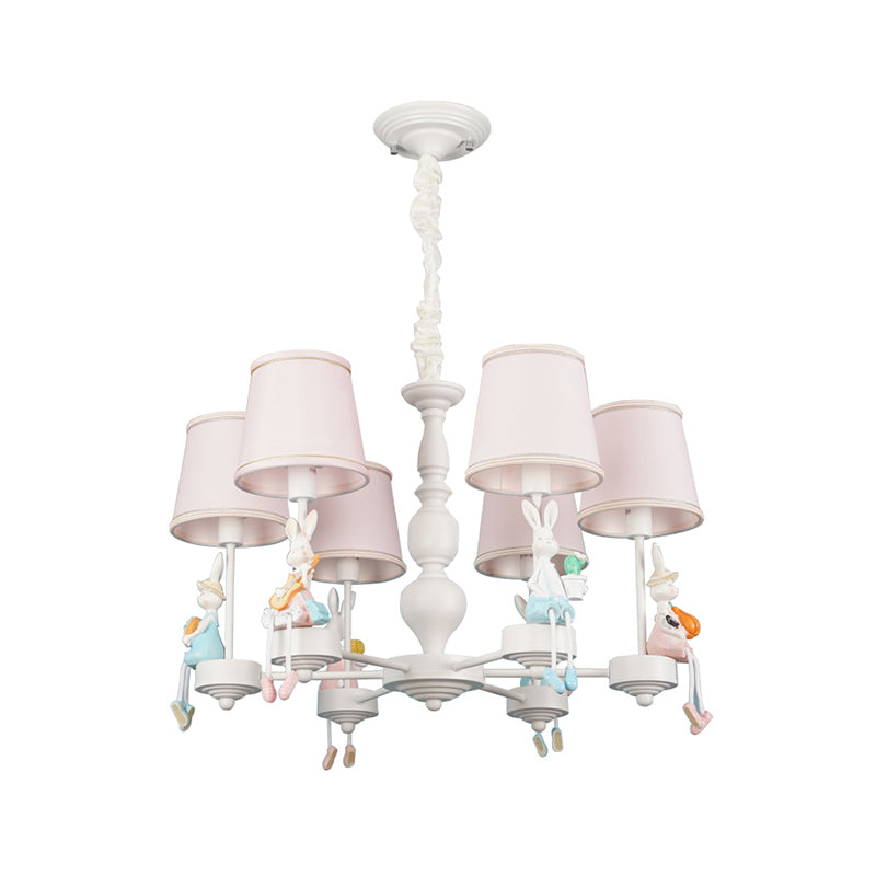 Cartoon Rabbit Resin Pendant Chandelier Kids 5-Head White Hanging Lamp with Tapered Fabric Shade Clearhalo 'Ceiling Lights' 'Chandeliers' Lighting' options 1473460