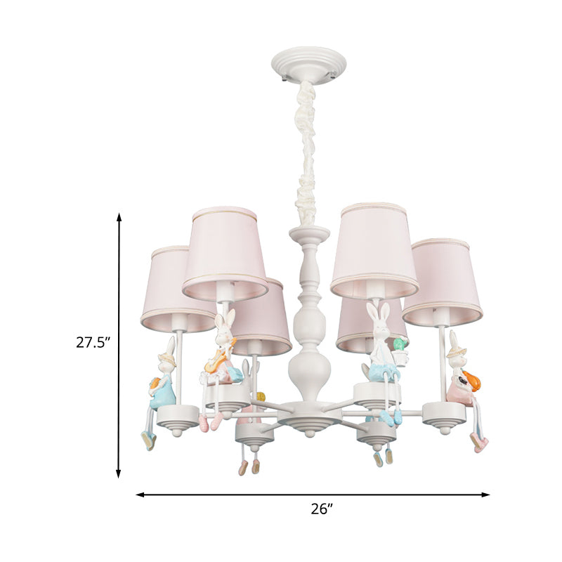 Cartoon Rabbit Resin Pendant Chandelier Kids 5-Head White Hanging Lamp with Tapered Fabric Shade Clearhalo 'Ceiling Lights' 'Chandeliers' Lighting' options 1473461