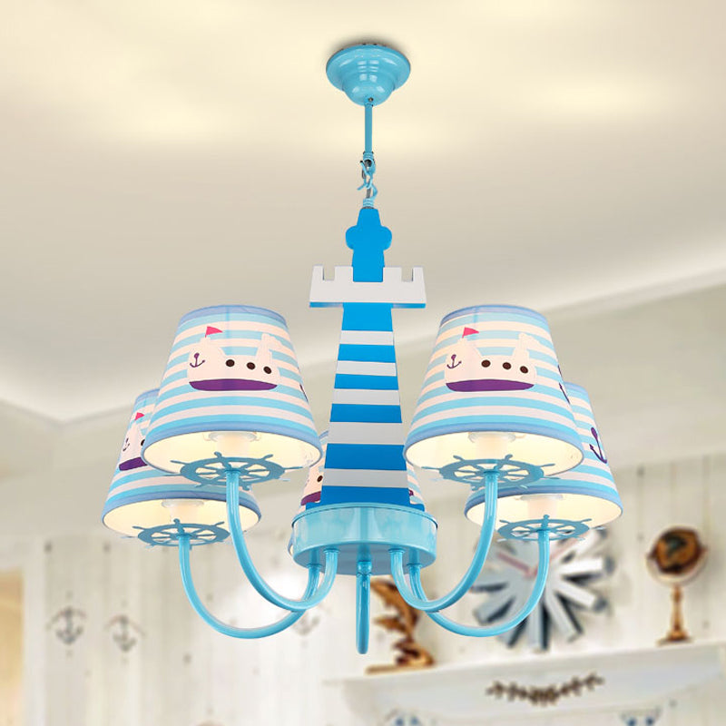 Mediterranean Tapered Fabric Chandelier 5 Bulbs Ceiling Pendant Light in Blue with Boat Pattern Clearhalo 'Ceiling Lights' 'Chandeliers' Lighting' options 1473472