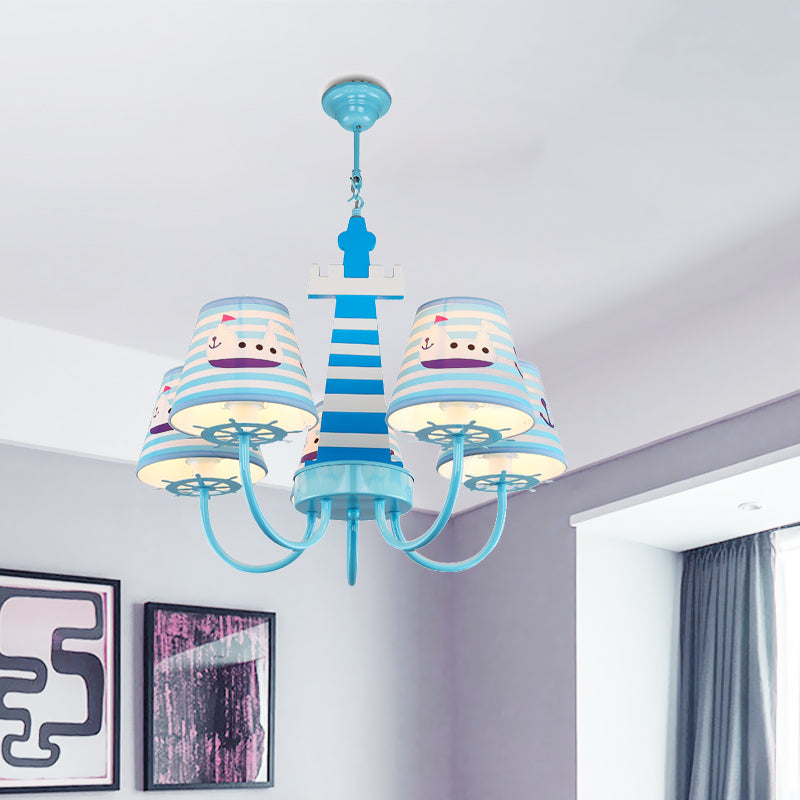 Mediterranean Tapered Fabric Chandelier 5 Bulbs Ceiling Pendant Light in Blue with Boat Pattern Clearhalo 'Ceiling Lights' 'Chandeliers' Lighting' options 1473473