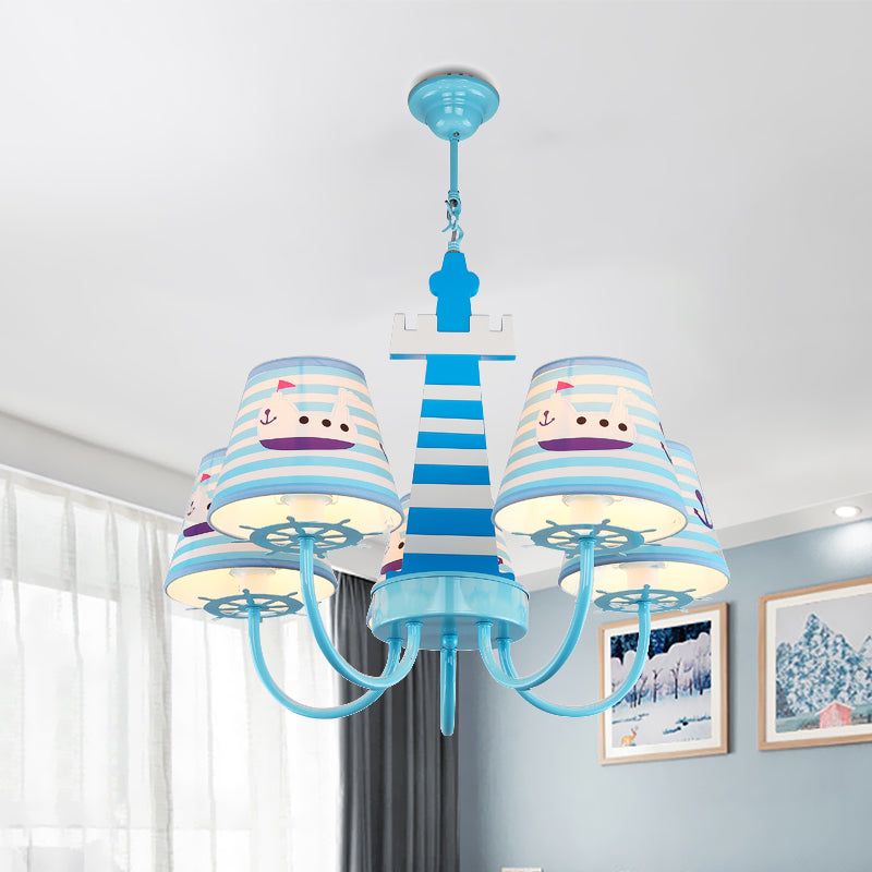 Mediterranean Tapered Fabric Chandelier 5 Bulbs Ceiling Pendant Light in Blue with Boat Pattern Clearhalo 'Ceiling Lights' 'Chandeliers' Lighting' options 1473474