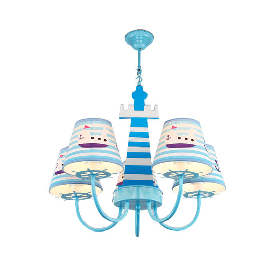 Mediterranean Tapered Fabric Chandelier 5 Bulbs Ceiling Pendant Light in Blue with Boat Pattern Clearhalo 'Ceiling Lights' 'Chandeliers' Lighting' options 1473475