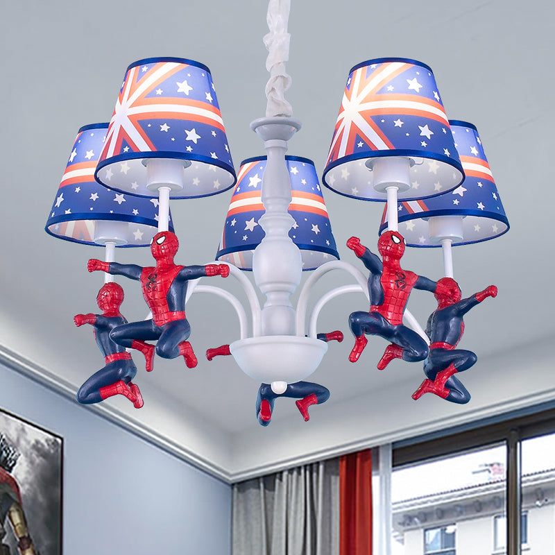 5-Bulb Bedroom Chandelier Lamp Kids Blue Pendant Lighting Fixture with Cone Fabric Shade Blue Clearhalo 'Ceiling Lights' 'Chandeliers' Lighting' options 1473477_cacd0405-e6d6-4f0d-b356-c0d3029fb7d3