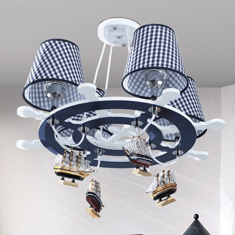 Rudder Chandelier Pendant Light Kids Wooden 4 Heads Blue Hanging Lamp with Boat Decoration Clearhalo 'Ceiling Lights' 'Chandeliers' Lighting' options 1473482