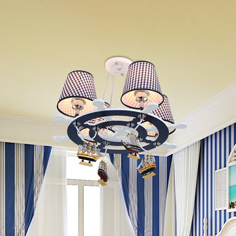 Rudder Chandelier Pendant Light Kids Wooden 4 Heads Blue Hanging Lamp with Boat Decoration Clearhalo 'Ceiling Lights' 'Chandeliers' Lighting' options 1473483