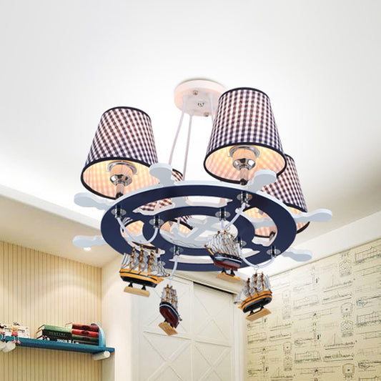 Rudder Chandelier Pendant Light Kids Wooden 4 Heads Blue Hanging Lamp with Boat Decoration Clearhalo 'Ceiling Lights' 'Chandeliers' Lighting' options 1473484