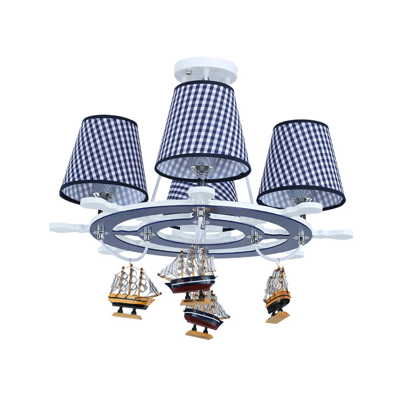 Rudder Chandelier Pendant Light Kids Wooden 4 Heads Blue Hanging Lamp with Boat Decoration Clearhalo 'Ceiling Lights' 'Chandeliers' Lighting' options 1473485