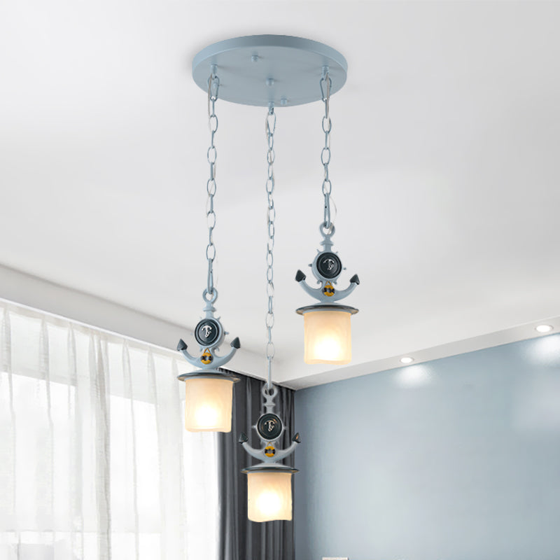Kids Cylindrical Cluster Pendant Light Opal Glass 3 Bulbs Bedroom Down Lighting in Blue with Round/Linear Canopy Clearhalo 'Ceiling Lights' 'Glass shade' 'Glass' 'Pendant Lights' 'Pendants' Lighting' 1473506
