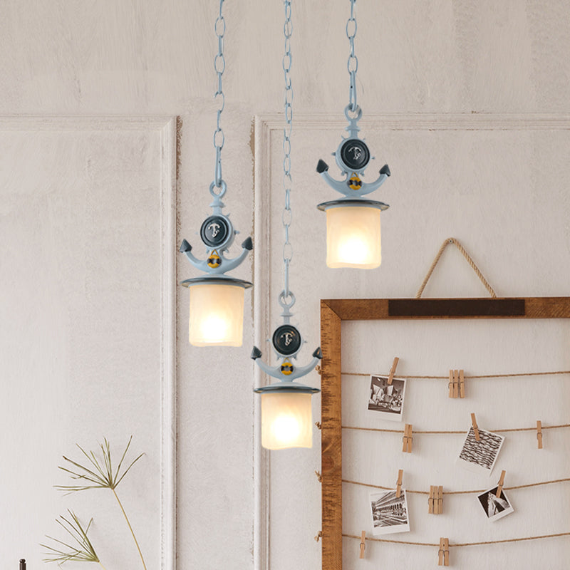 Kids Cylindrical Cluster Pendant Light Opal Glass 3 Bulbs Bedroom Down Lighting in Blue with Round/Linear Canopy Clearhalo 'Ceiling Lights' 'Glass shade' 'Glass' 'Pendant Lights' 'Pendants' Lighting' 1473507