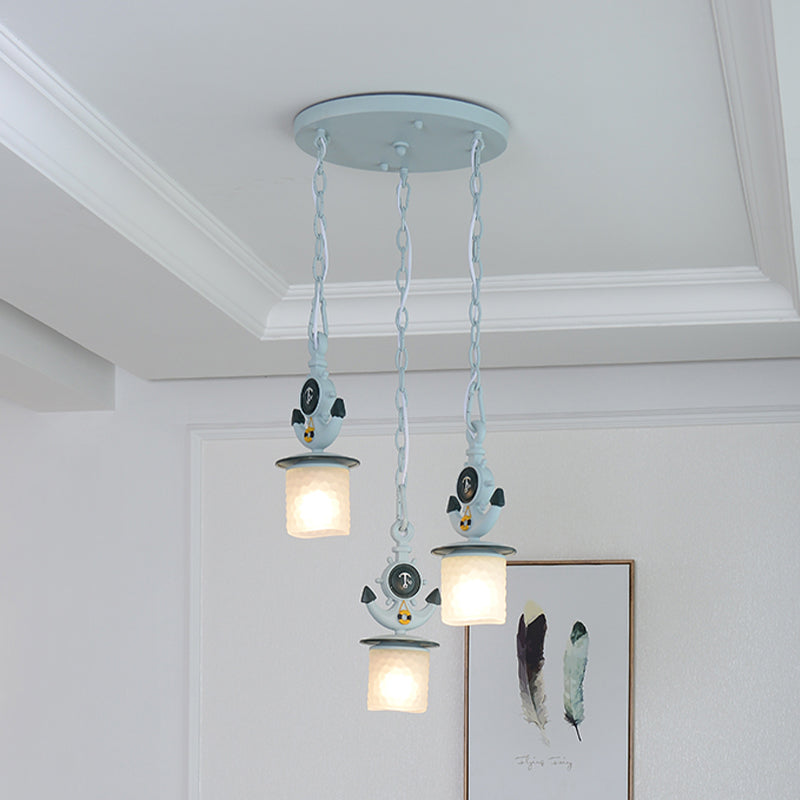 Kids Cylindrical Cluster Pendant Light Opal Glass 3 Bulbs Bedroom Down Lighting in Blue with Round/Linear Canopy Blue Round Clearhalo 'Ceiling Lights' 'Glass shade' 'Glass' 'Pendant Lights' 'Pendants' Lighting' 1473508