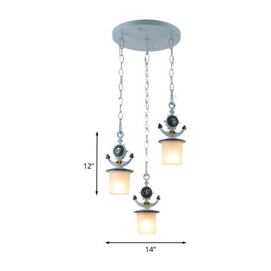 Kids Cylindrical Cluster Pendant Light Opal Glass 3 Bulbs Bedroom Down Lighting in Blue with Round/Linear Canopy Clearhalo 'Ceiling Lights' 'Glass shade' 'Glass' 'Pendant Lights' 'Pendants' Lighting' 1473510