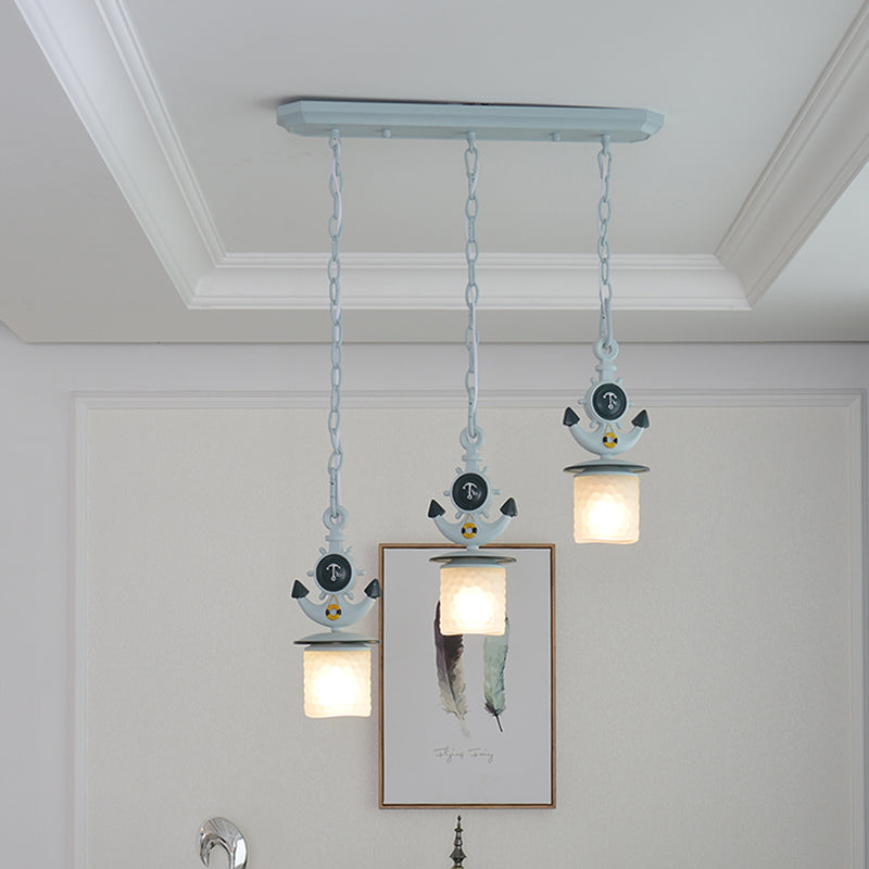 Kids Cylindrical Cluster Pendant Light Opal Glass 3 Bulbs Bedroom Down Lighting in Blue with Round/Linear Canopy Clearhalo 'Ceiling Lights' 'Glass shade' 'Glass' 'Pendant Lights' 'Pendants' Lighting' 1473512