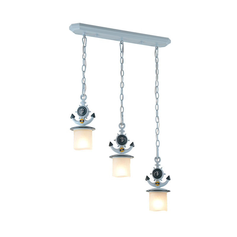 Kids Cylindrical Cluster Pendant Light Opal Glass 3 Bulbs Bedroom Down Lighting in Blue with Round/Linear Canopy Clearhalo 'Ceiling Lights' 'Glass shade' 'Glass' 'Pendant Lights' 'Pendants' Lighting' 1473514