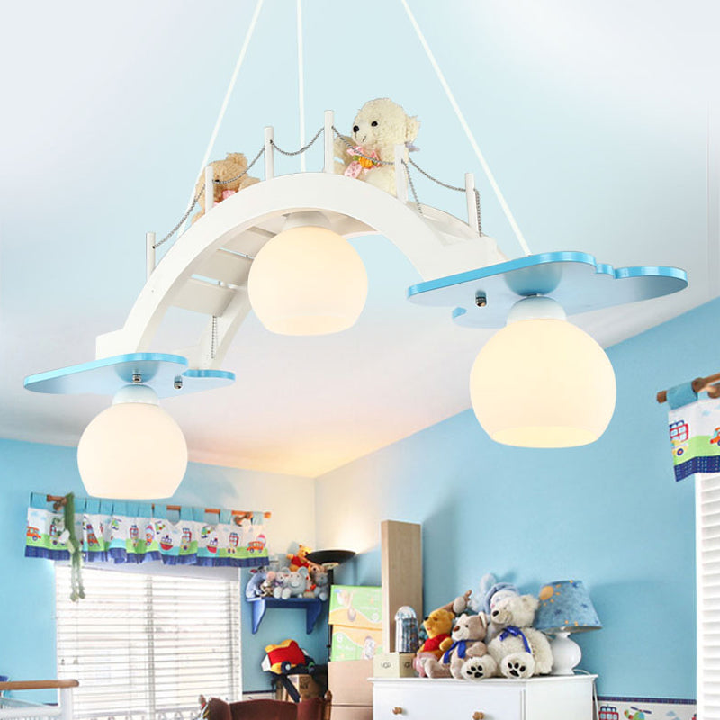 Bridge Nursery Cluster Pendant Lamp Wooden 3 Heads Kids Suspension Light in Blue/Pink with Cream Glass Shade Clearhalo 'Ceiling Lights' 'Glass shade' 'Glass' 'Pendant Lights' 'Pendants' Lighting' 1473530